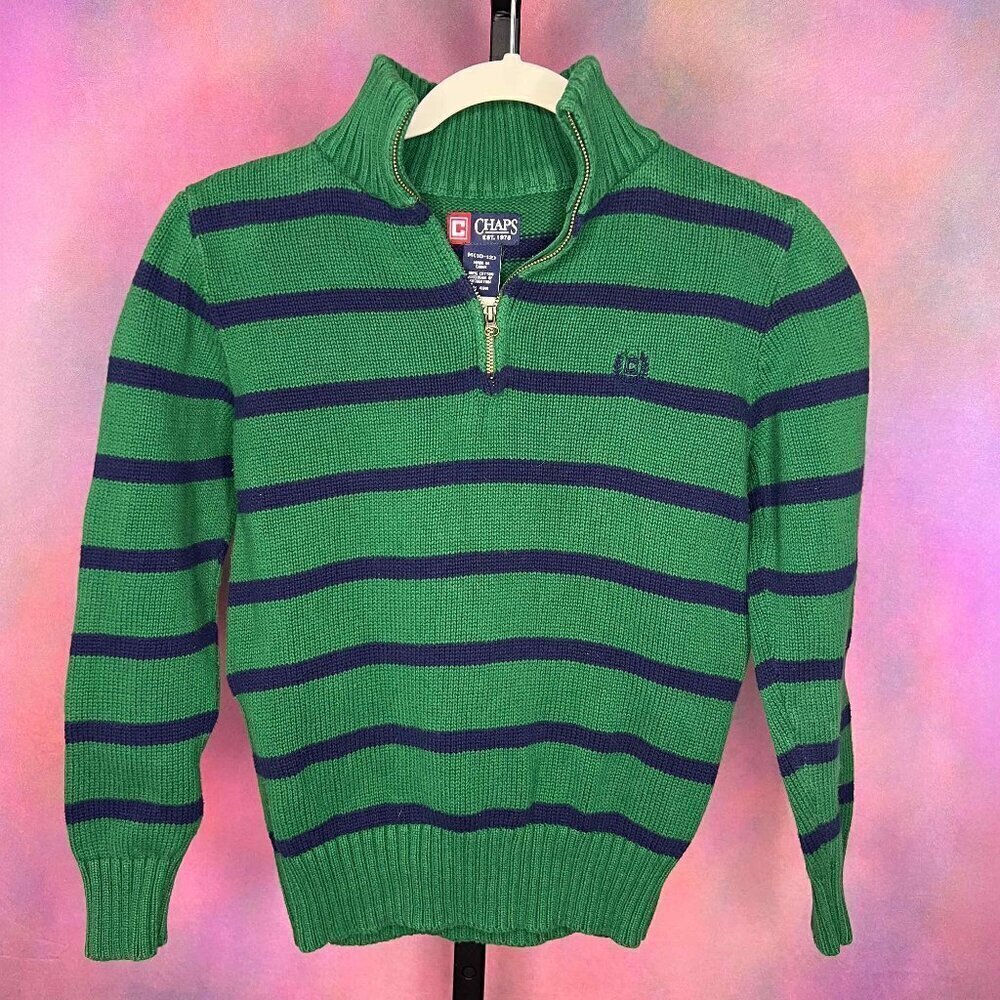 CHAPS 100% Cotton Green Blue Striped Sweater, Size M (10-12)